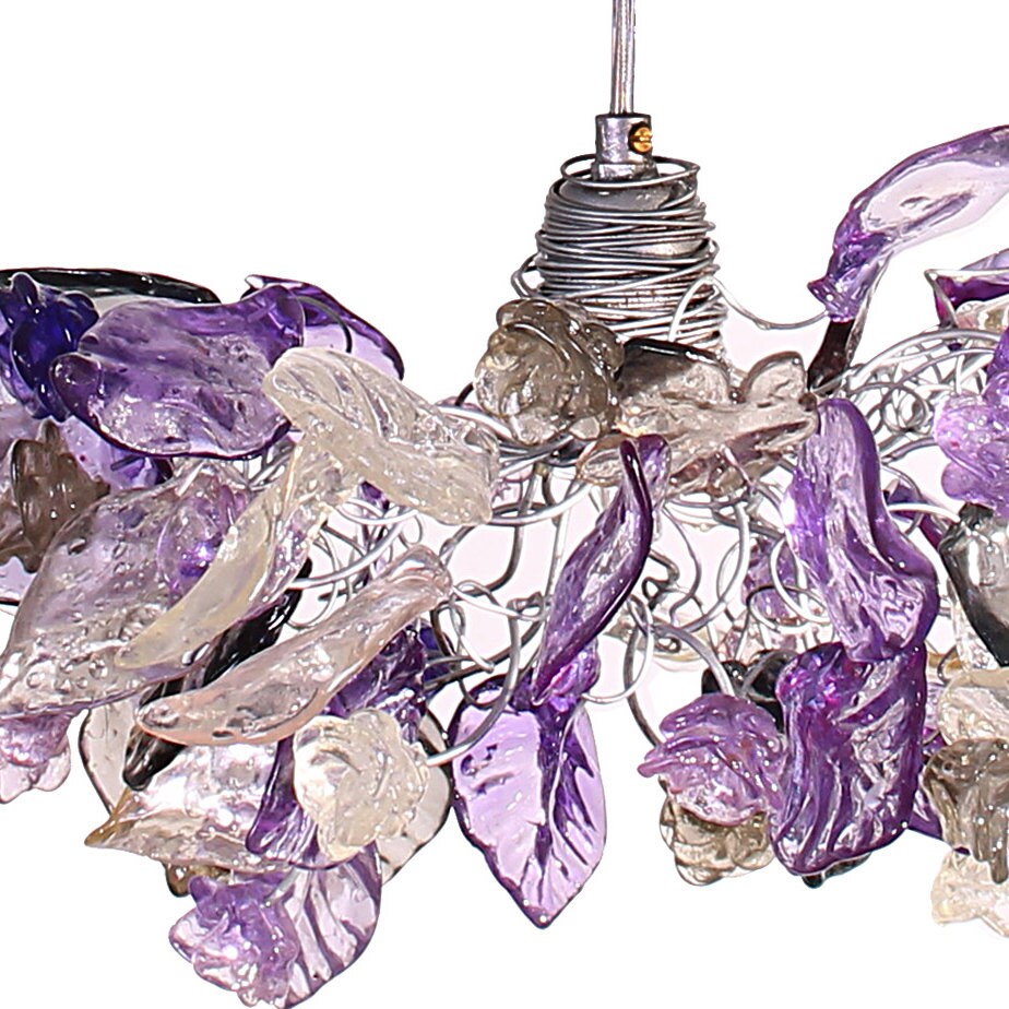 Handmade Triple Pendant Chandelier with Purple Flowers and Leaves - Elegant Ceiling Lighting for Kitchen Island and Dining Room