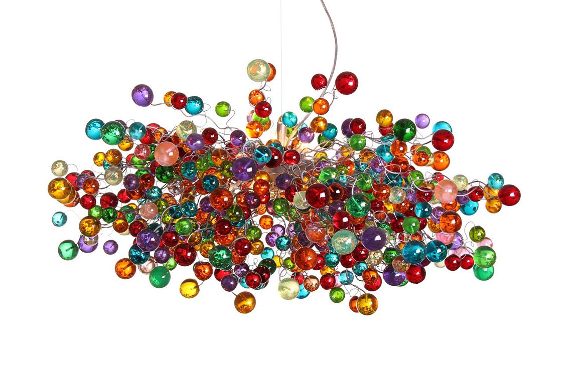 Large Rainbow Chandelier with multicolored bubbles - statement lighting with rainbow balls for Dining Room