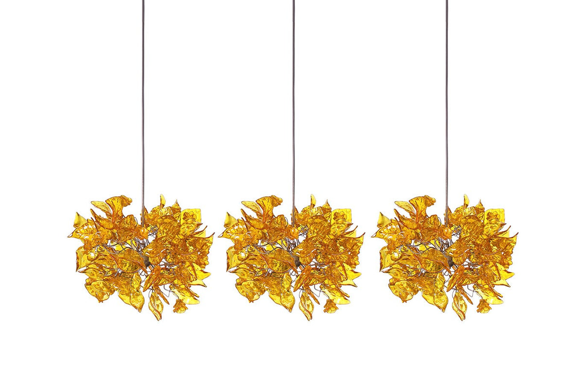 Lighting - Triple Pendant light with yellow flowers and leaves for Kitchen Island, Dining Room.