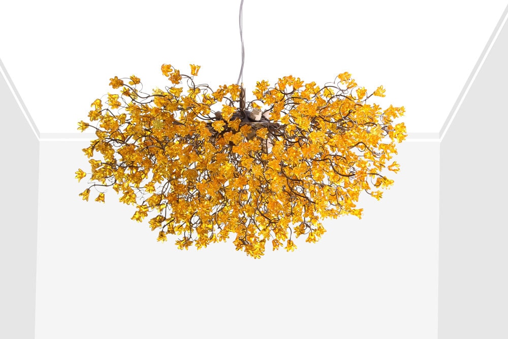 Hanging ceiling light with yellow flowers for dining room.