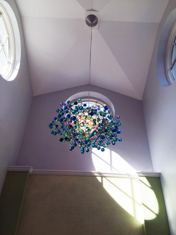 Blue Ceiling lighting fixture with blue bubbles for Dining Room, living room or open space.