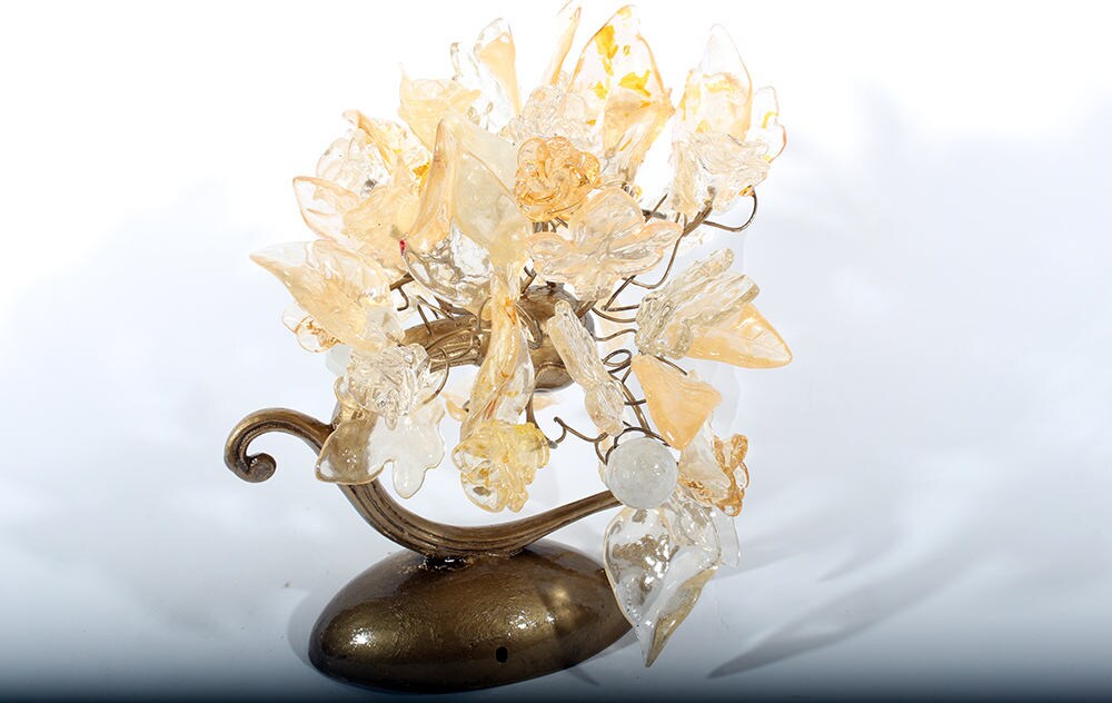 Floral Wall Sconce: Cream & Gold Resin Flowers, Brass Accent
