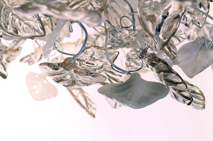Modern Hanging oval chandeliers with white, clear and light gold flowers and leaves for Dining Room, or living room - elegant lighting
