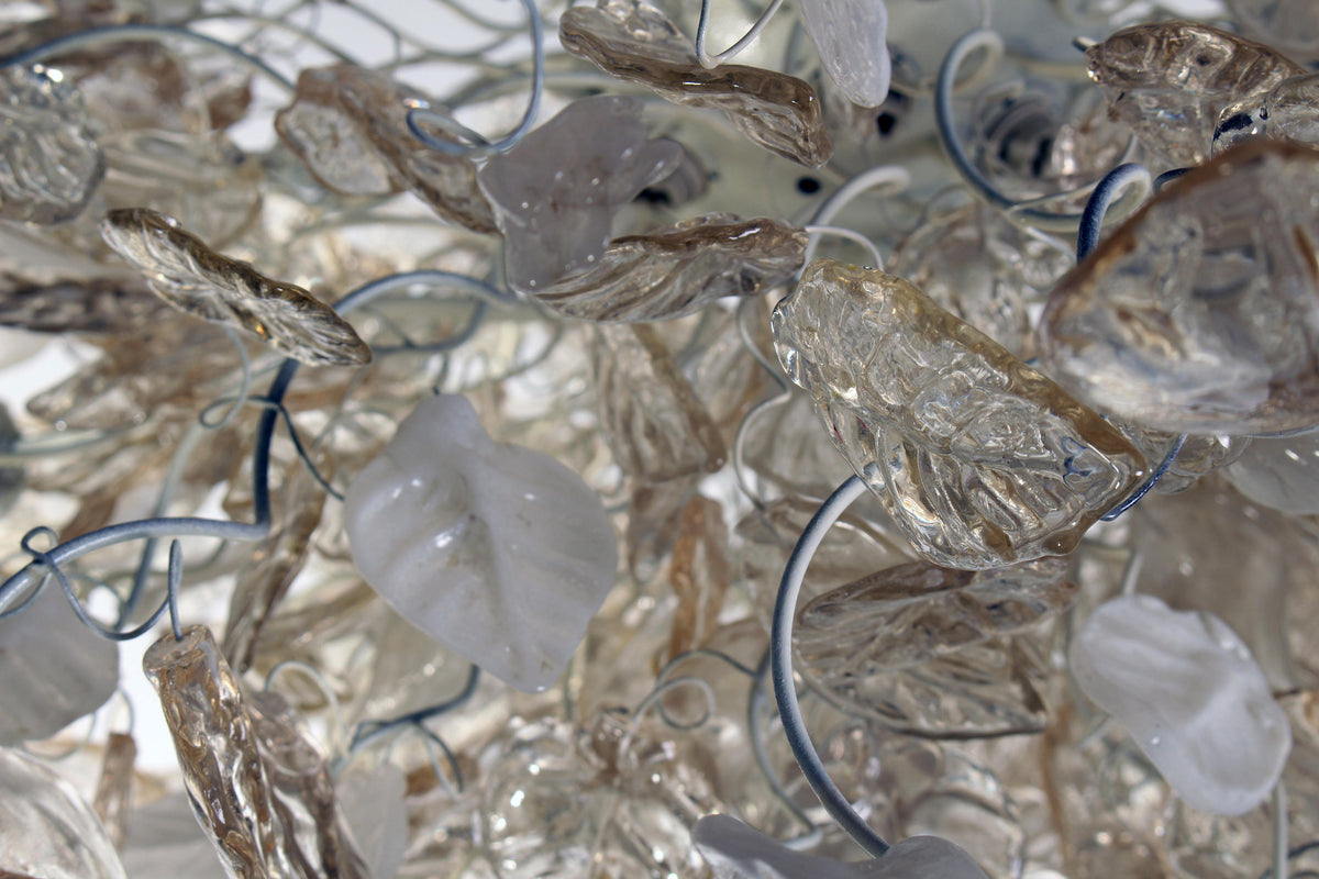 Modern Hanging oval chandeliers with white, clear and light gold flowers and leaves for Dining Room, or living room - elegant lighting
