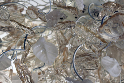 Modern Hanging oval chandeliers with white, clear and light gold flowers and leaves for Dining Room, or living room - elegant lighting