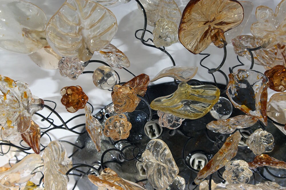 Elegant Flush Mount Ceiling Light with Champagne Color flowers and leaves.