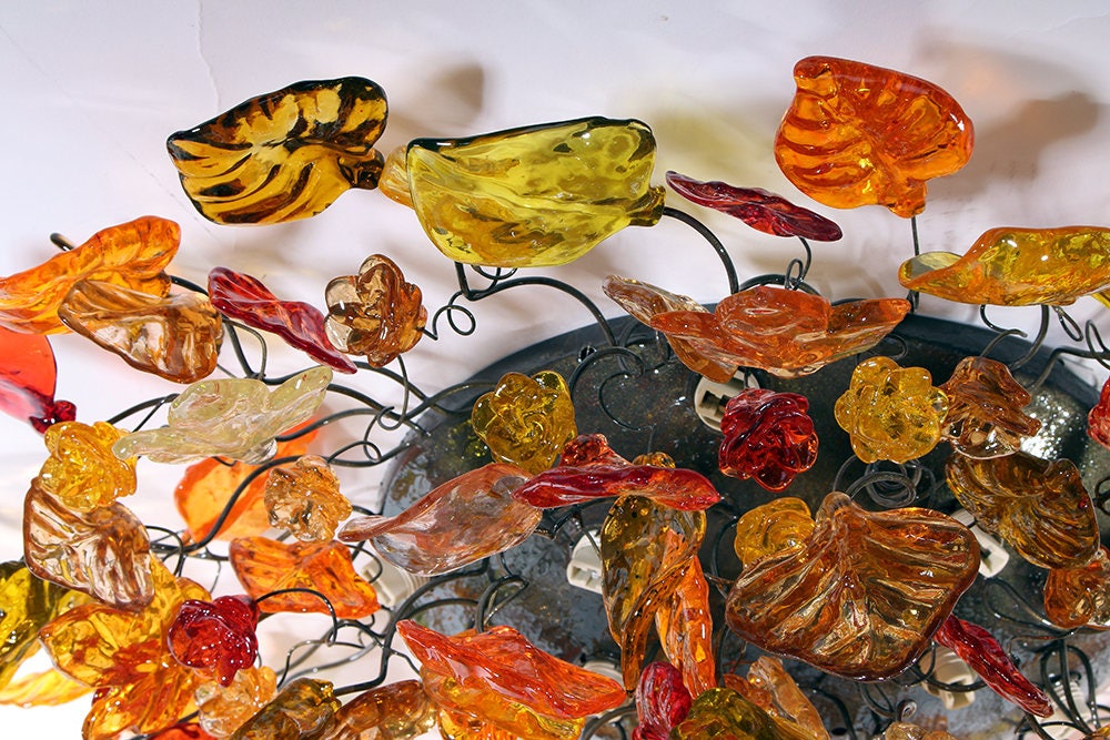 Big Flush Mount Ceiling Light with autumn color flowers and leaves, ceiling mount light for kitchen, living room or Dining Room