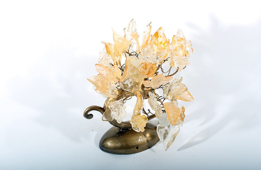 Floral Wall Sconce: Cream & Gold Resin Flowers, Brass Accent