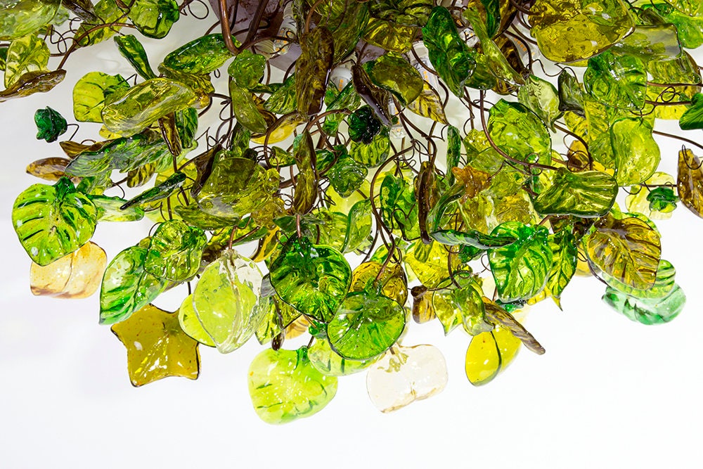 Green Flush Mount Lighting, ceiling mount light with green flowers and leaves.