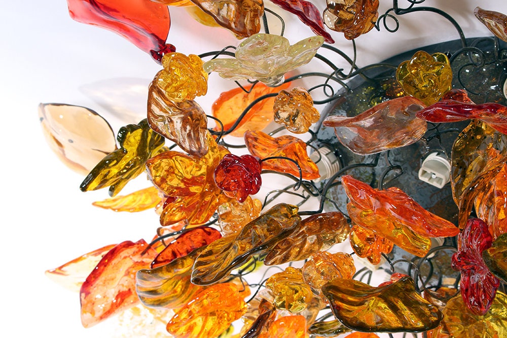 Big Flush Mount Ceiling Light with autumn color flowers and leaves, ceiling mount light for kitchen, living room or Dining Room