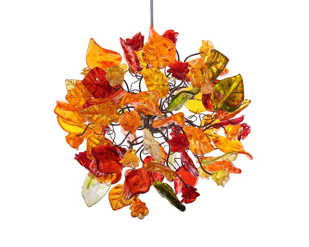 Ceiling light fixture with warm color flowers and leaves, unique pendant light.