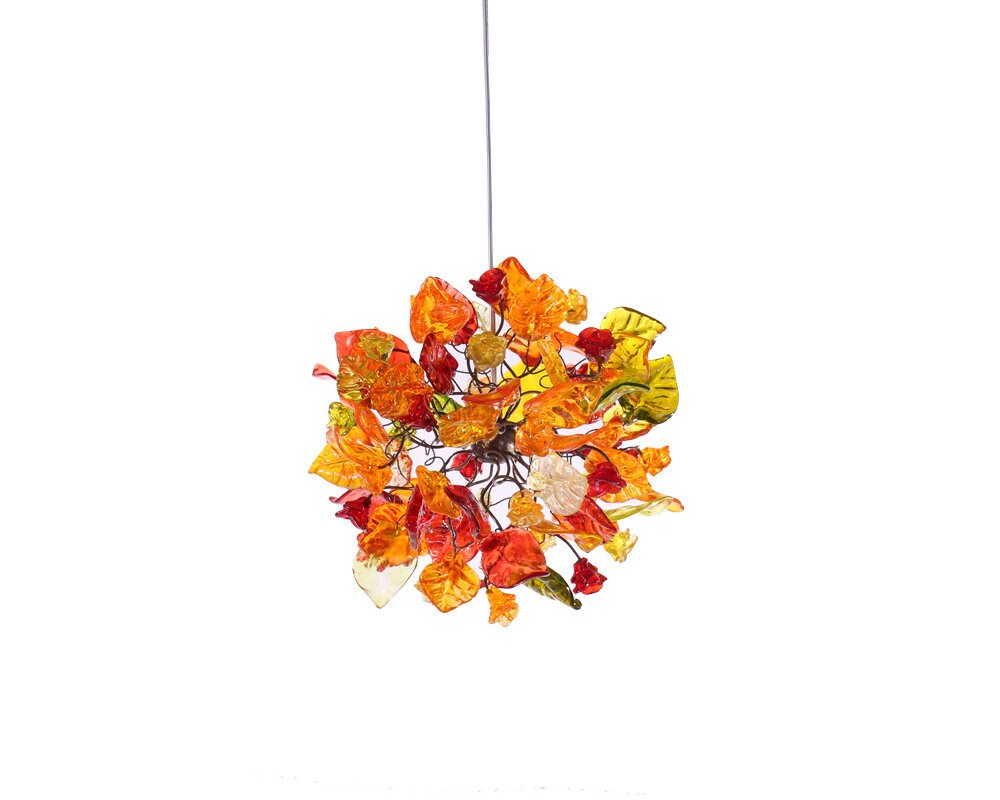 Ceiling light fixture with warm color flowers and leaves, unique pendant light.