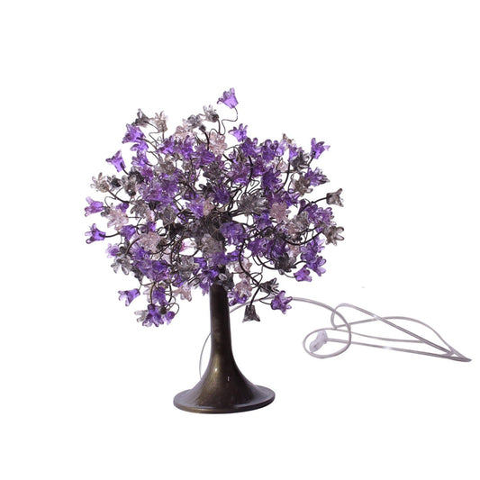 Purple bedside lamp, Table Lamp with Violet gray and clear flowers, small table lamp, midnight color flowers lighter.