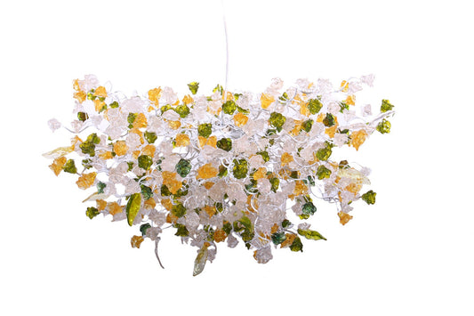 Hanging chandeliers with orange clear and green color flowers and leaves for Dining Room, bedroom or living room.