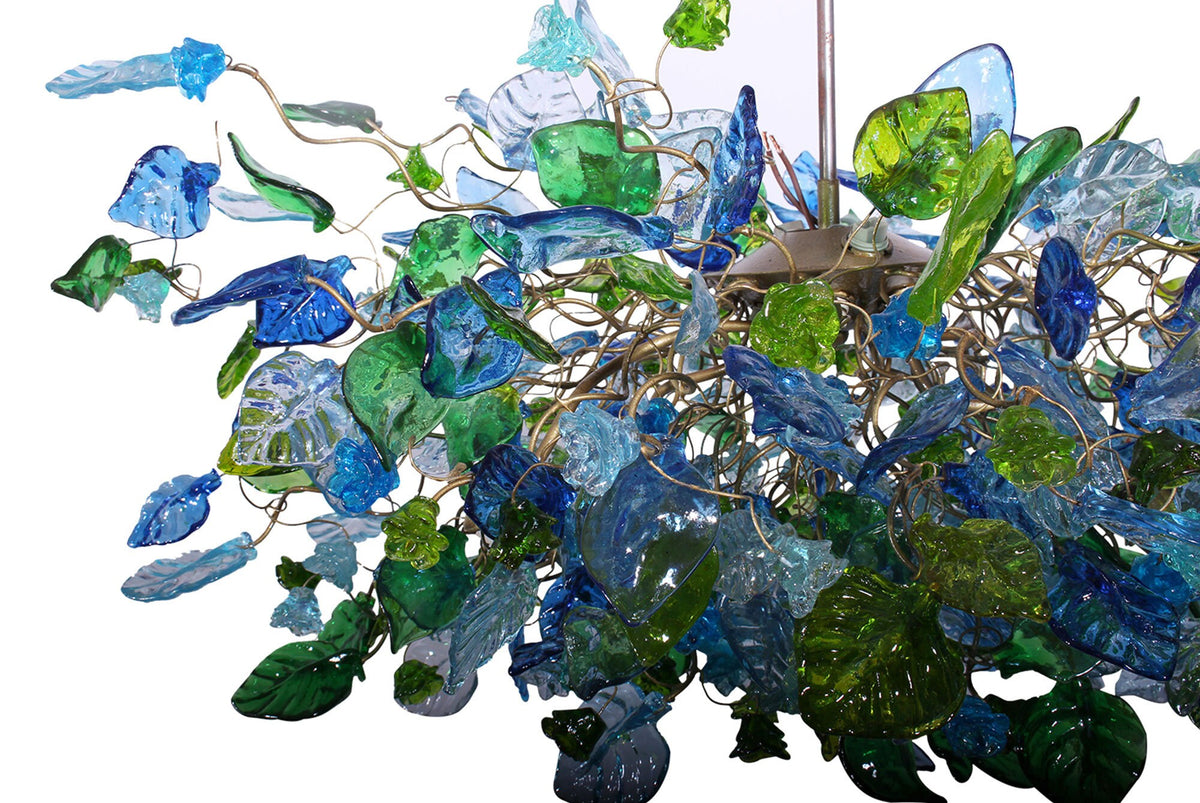 Large Hanging oval chandeliers with blue and green flowers and leaves for Dining Room or living room