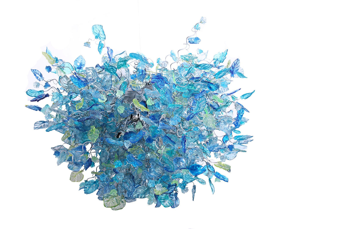 Large Sea Blue Resin Chandelier: Handmade Flower and Leaves Dining Room Light