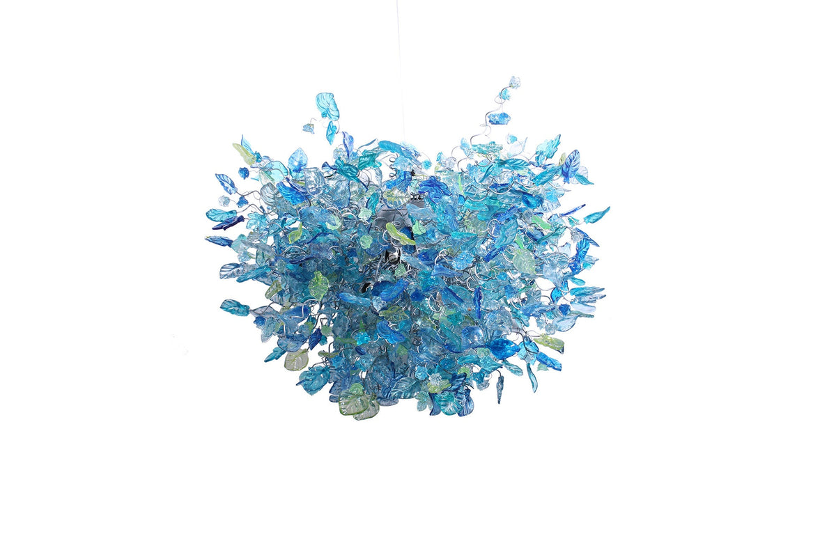 Large Sea Blue Resin Chandelier: Handmade Flower and Leaves Dining Room Light