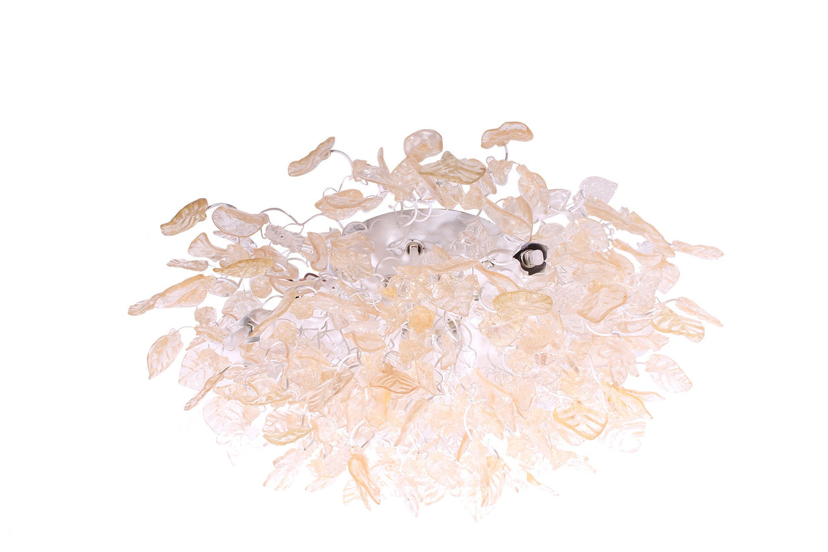 Large Flush Mount Ceiling Light with clear and gold color flowers and leaves, unique ceiling mount light for kitchen.