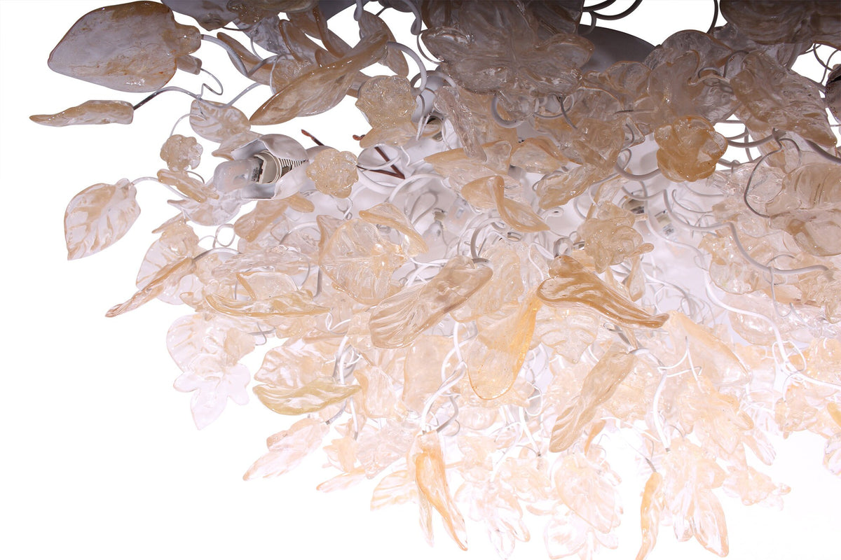 Large Flush Mount Ceiling Light with clear and gold color flowers and leaves, unique ceiling mount light for kitchen.