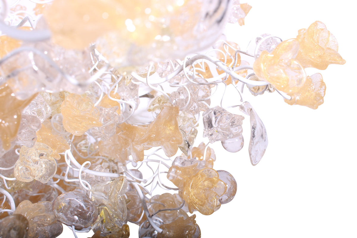 Hanging chandeliers with light gold and clear color flowers and leaves for Dining Room