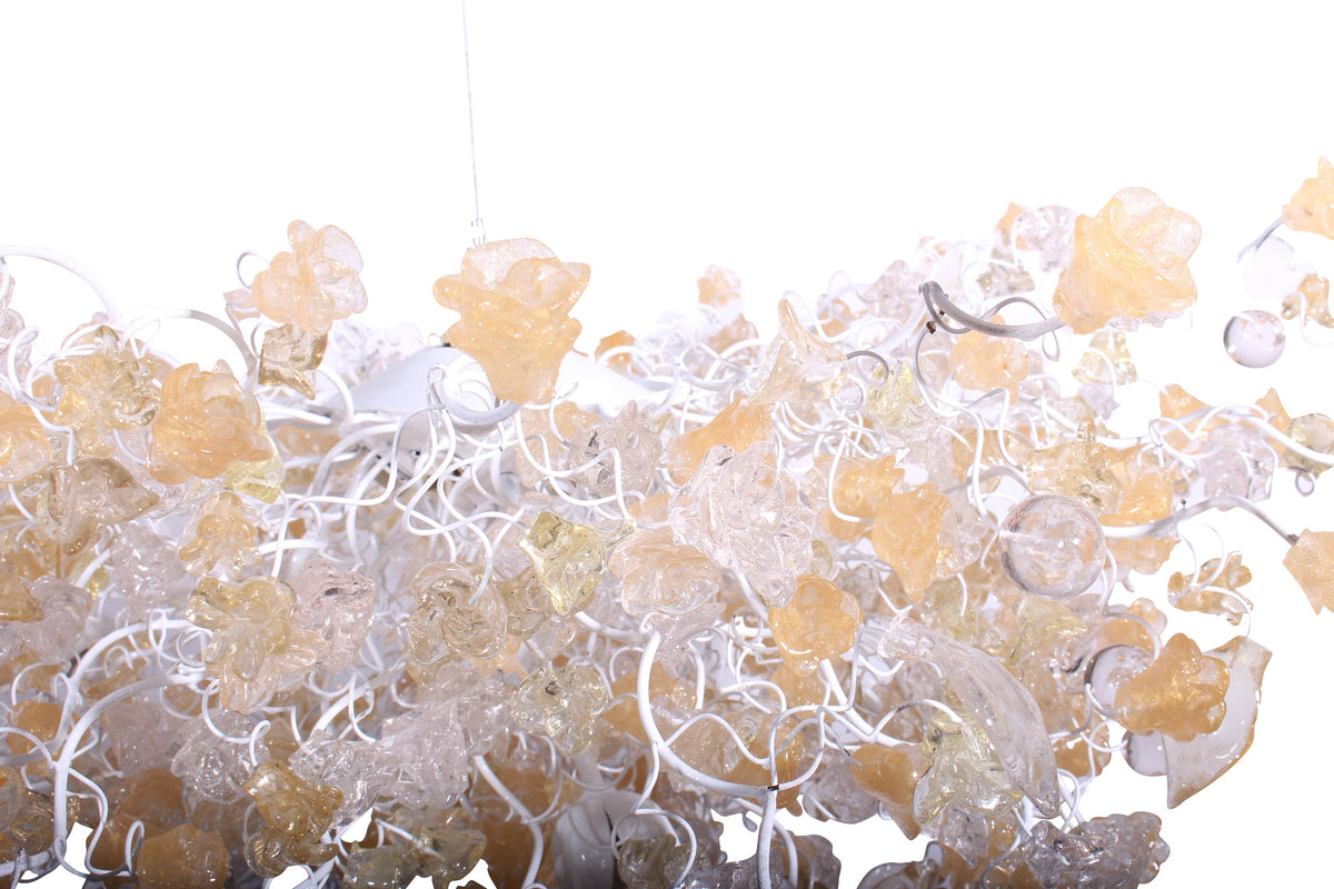 Hanging chandeliers with light gold and clear color flowers and leaves for Dining Room