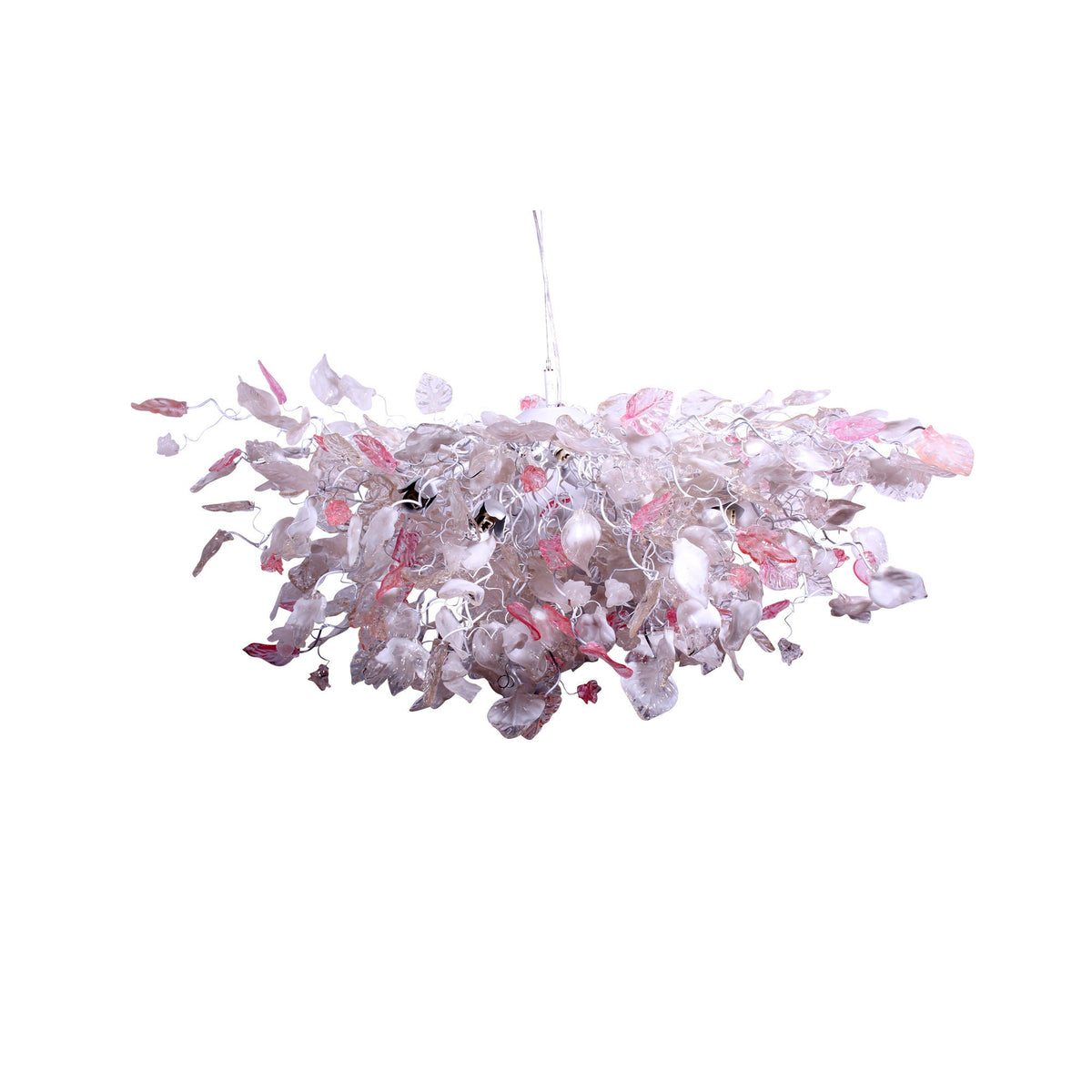 Oval Flower Chandelier: White Clear Gold Pink Resin Leaves 34x22 Inch Hanging Light Fixture