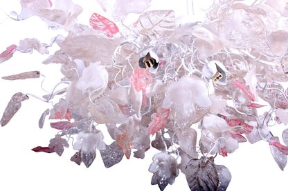 Oval Flower Chandelier: White Clear Gold Pink Resin Leaves 34x22 Inch Hanging Light Fixture