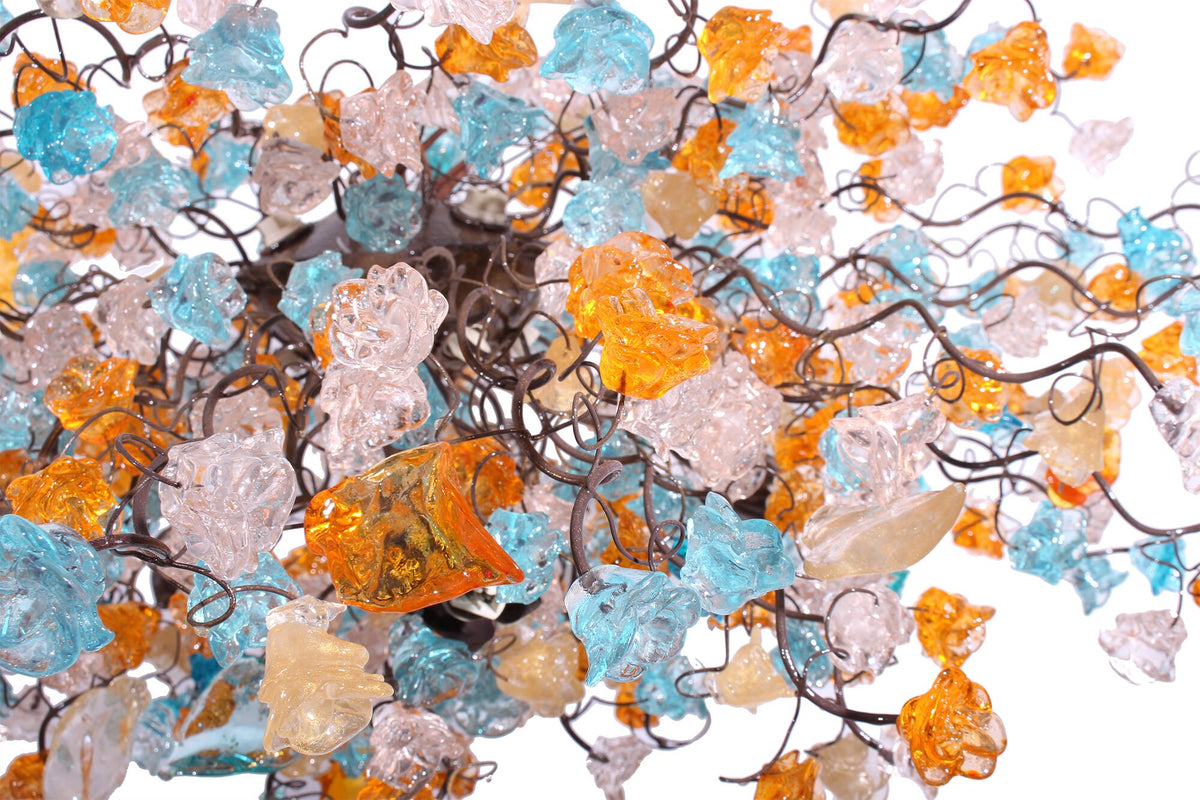 Hanging chandeliers with orange clear and turquoise color flowers and leaves for Dining Room, bedroom or living room.