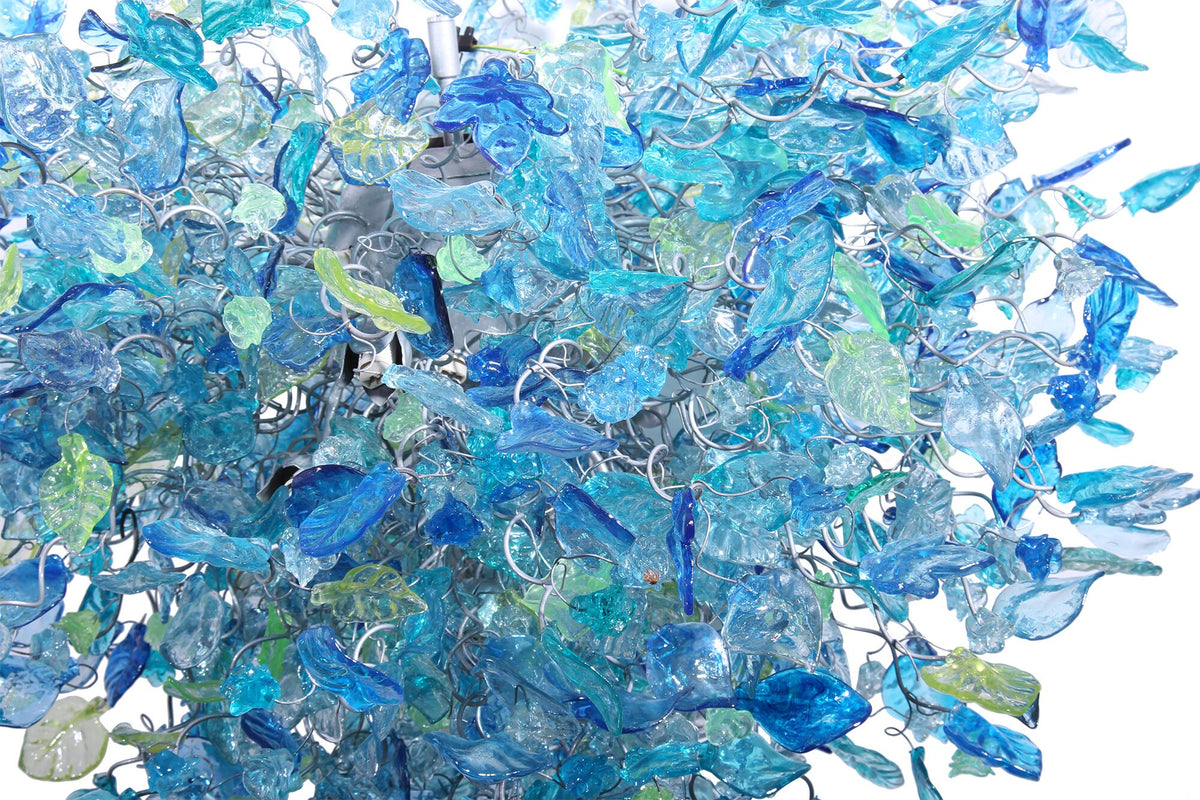 Large Sea Blue Resin Chandelier: Handmade Flower and Leaves Dining Room Light