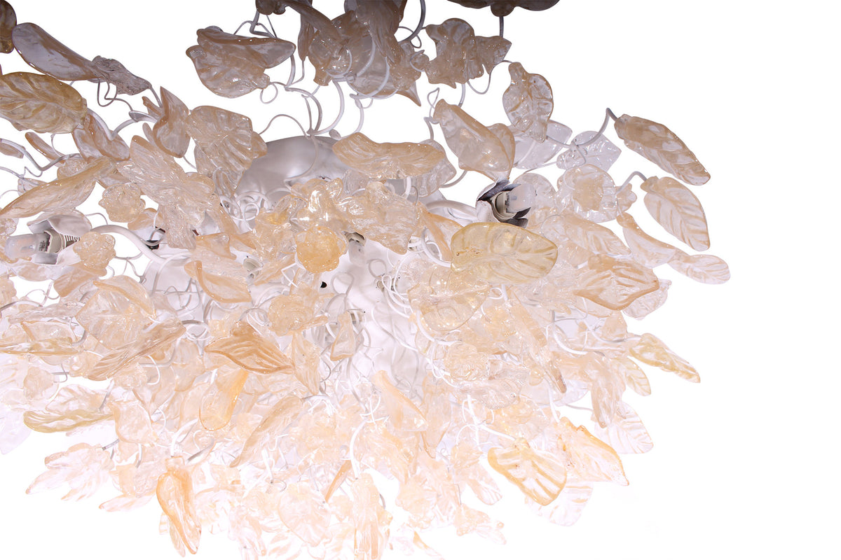 Large Flush Mount Ceiling Light with clear and gold color flowers and leaves, unique ceiling mount light for kitchen.