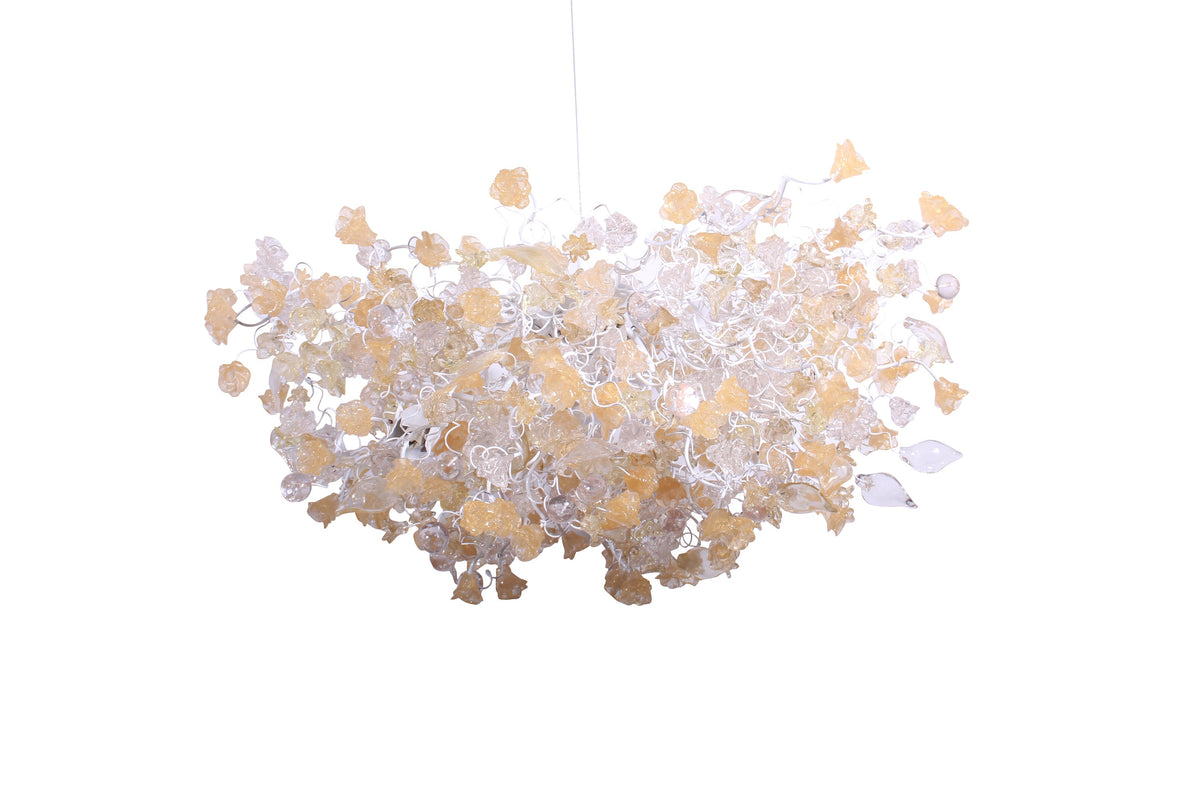 Hanging chandeliers with light gold and clear color flowers and leaves for Dining Room