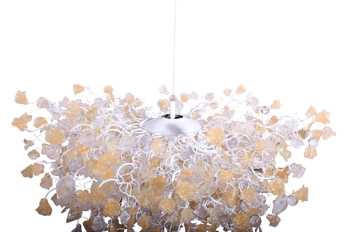 Hanging chandeliers with light gold and clear color flowers and leaves for Dining Room