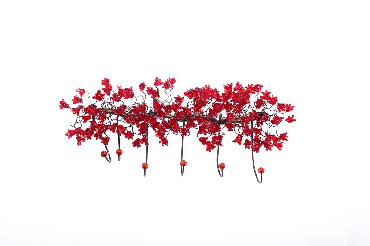 Unique hooks Coat Rack, Wall Hook with red resin flowers and leaves, decorative wall hanger.