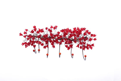 Unique hooks Coat Rack, Wall Hook with red resin flowers and leaves, decorative wall hanger.