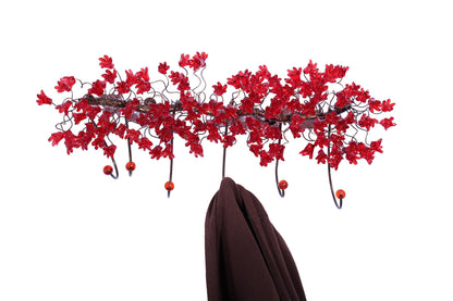 Unique hooks Coat Rack, Wall Hook with red resin flowers and leaves, decorative wall hanger.