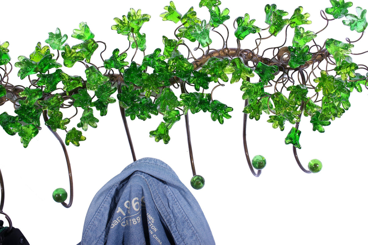 Unique hooks Coat Rack, Wall Hook with green resin flowers and leaves, decorative wall hanger.