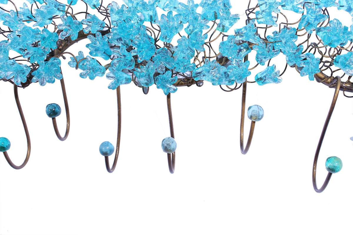 Handmade Metal 6-Hook Coat Rack: Light Blue Resin Flower Leaf Wall Towel Hanger