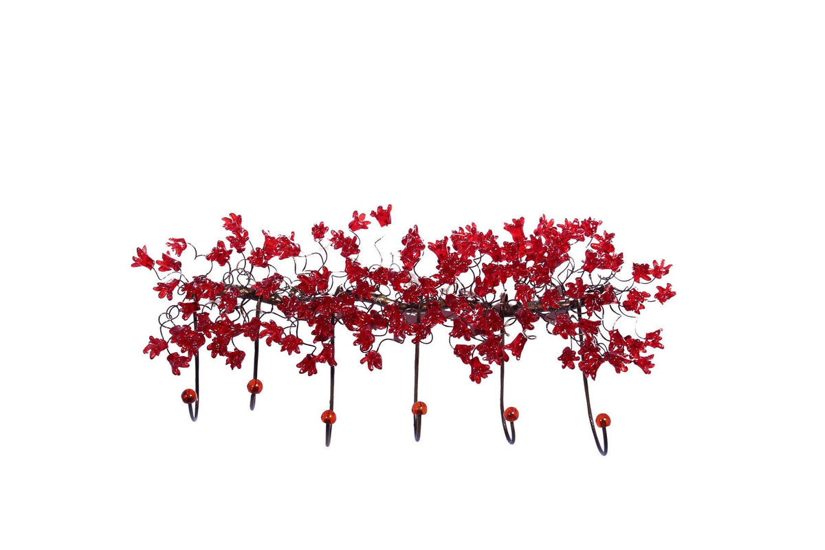Unique hooks Coat Rack, Wall Hook with red resin flowers and leaves, decorative wall hanger.
