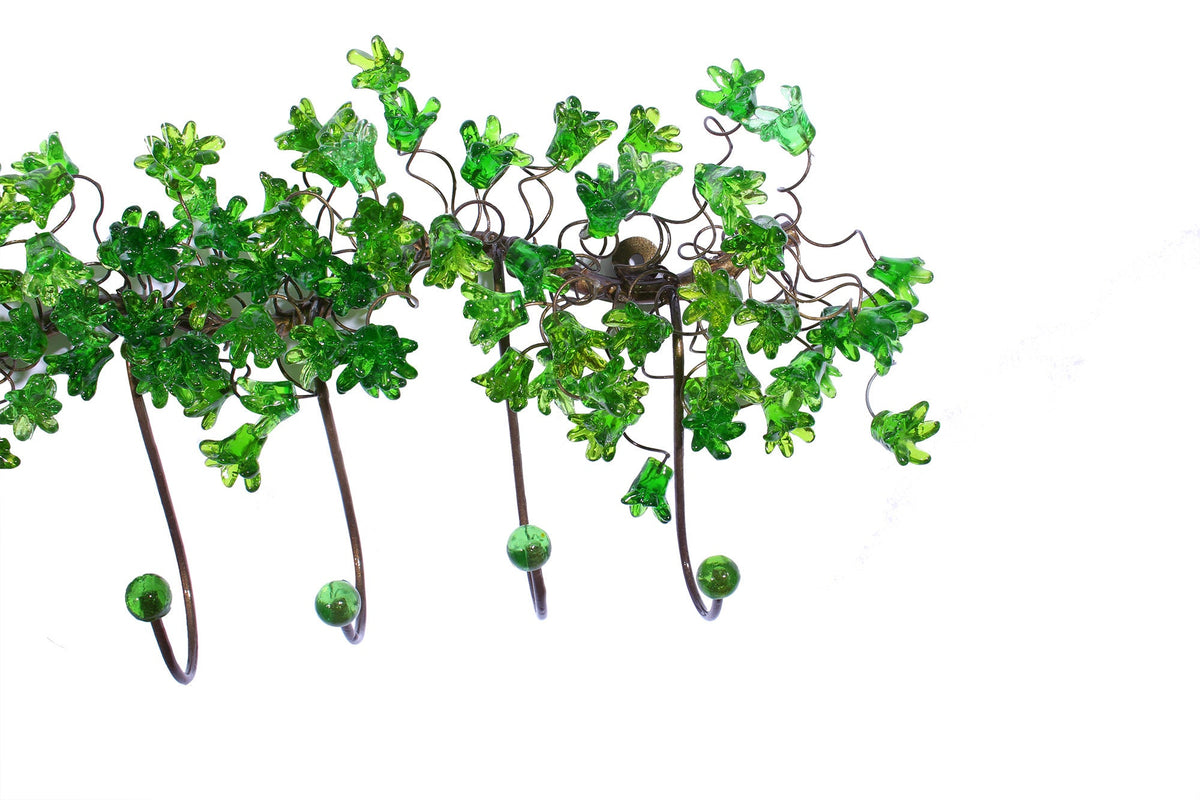 Unique hooks Coat Rack, Wall Hook with green resin flowers and leaves, decorative wall hanger.