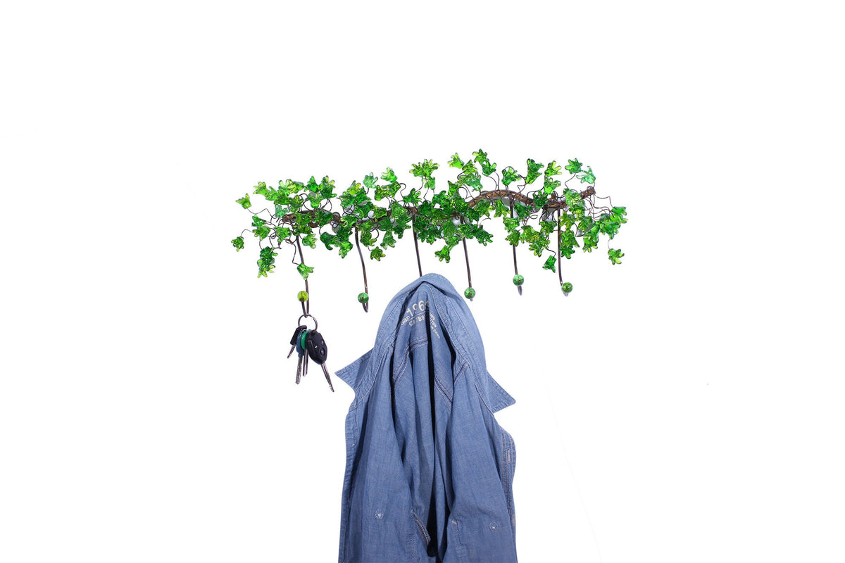 Unique hooks Coat Rack, Wall Hook with green resin flowers and leaves, decorative wall hanger.