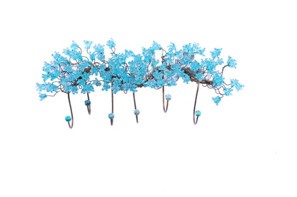 Handmade Metal 6-Hook Coat Rack: Light Blue Resin Flower Leaf Wall Towel Hanger