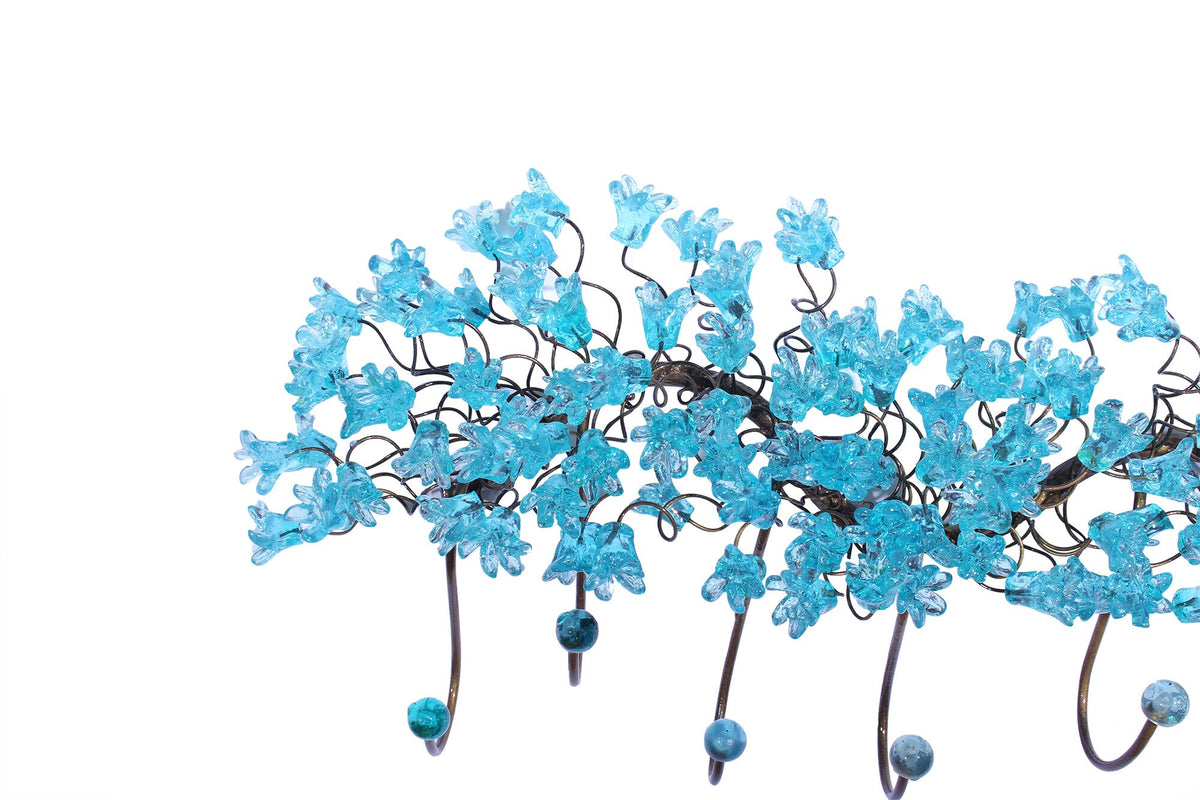 Handmade Metal 6-Hook Coat Rack: Light Blue Resin Flower Leaf Wall Towel Hanger