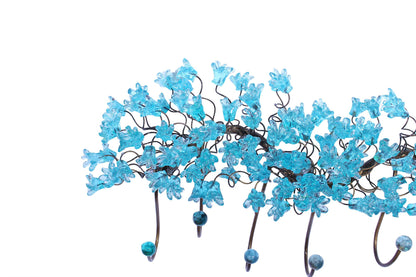 Handmade Metal 6-Hook Coat Rack: Light Blue Resin Flower Leaf Wall Towel Hanger
