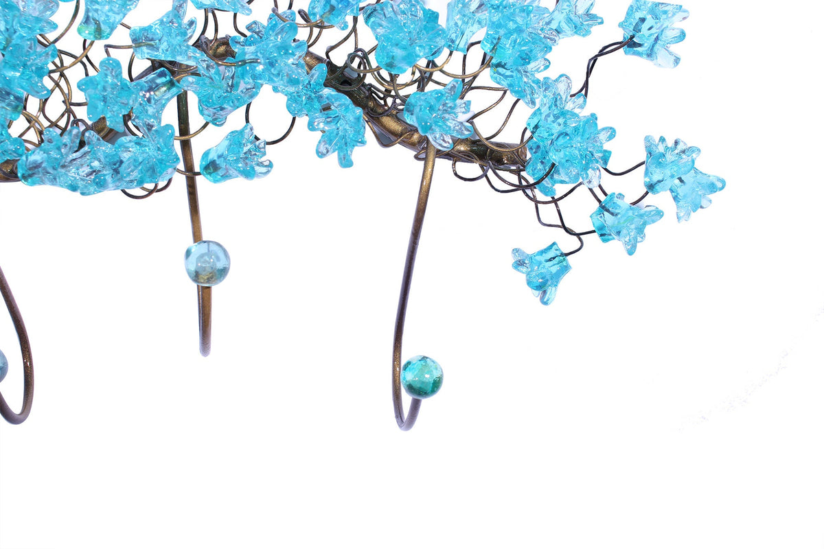 Handmade Metal 6-Hook Coat Rack: Light Blue Resin Flower Leaf Wall Towel Hanger