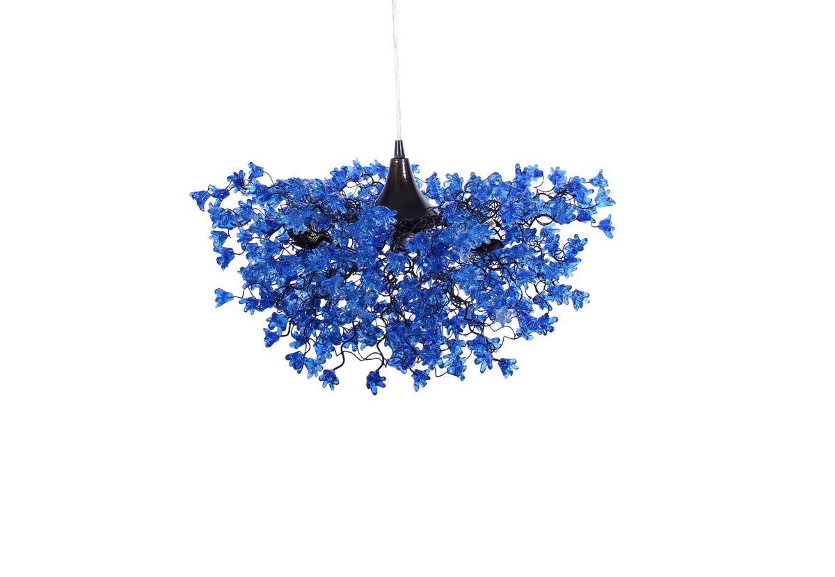 Elegant Hanging Ceiling Lamp with Blue Navy Flowers, Resin Floral Lighting for Living Room and Dining Room
