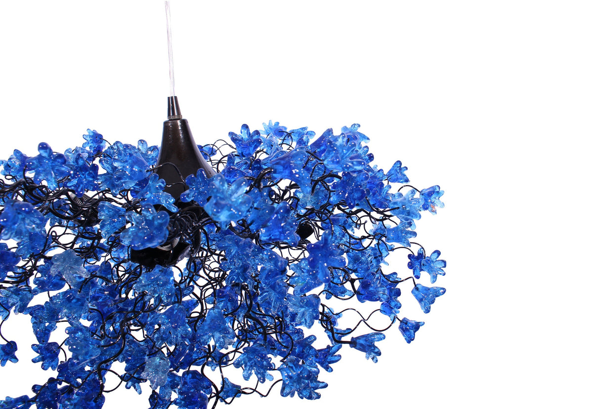 Elegant Hanging Ceiling Lamp with Blue Navy Flowers, Resin Floral Lighting for Living Room and Dining Room