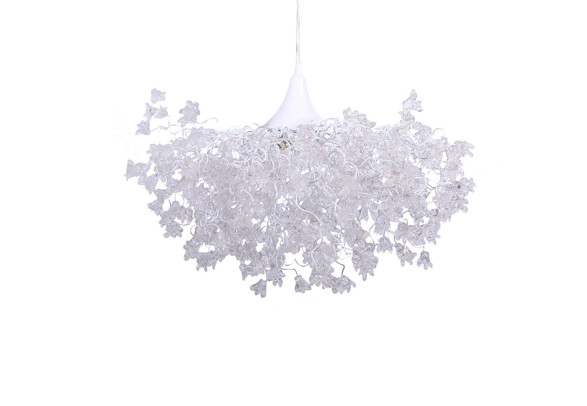Elegant Chandelier with White Clear Flowers | Stunning Hanging Light for Living or Dining Room | Unique and Beautiful Resin Flower Lamp