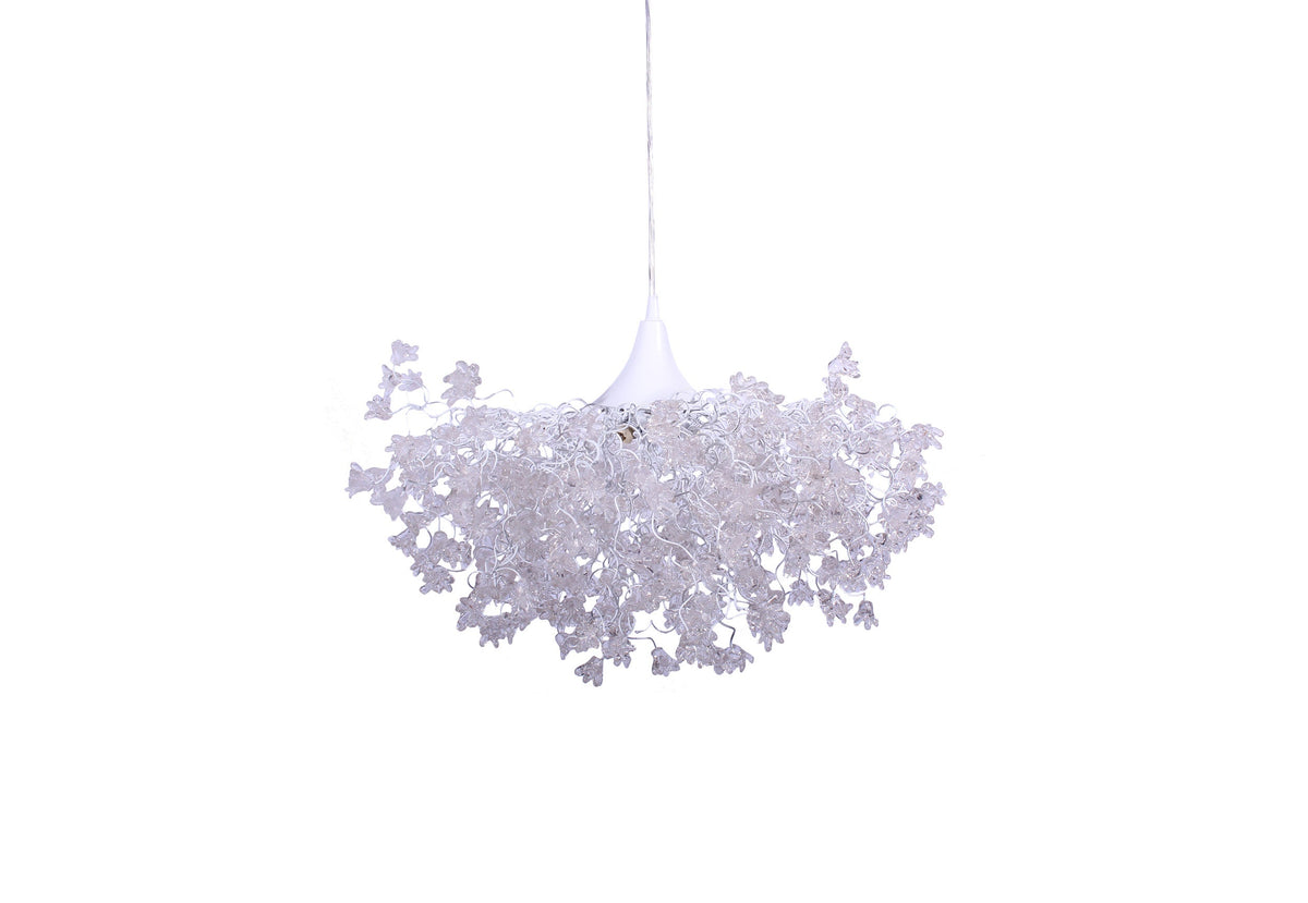 Elegant Chandelier with White Clear Flowers | Stunning Hanging Light for Living or Dining Room | Unique and Beautiful Resin Flower Lamp