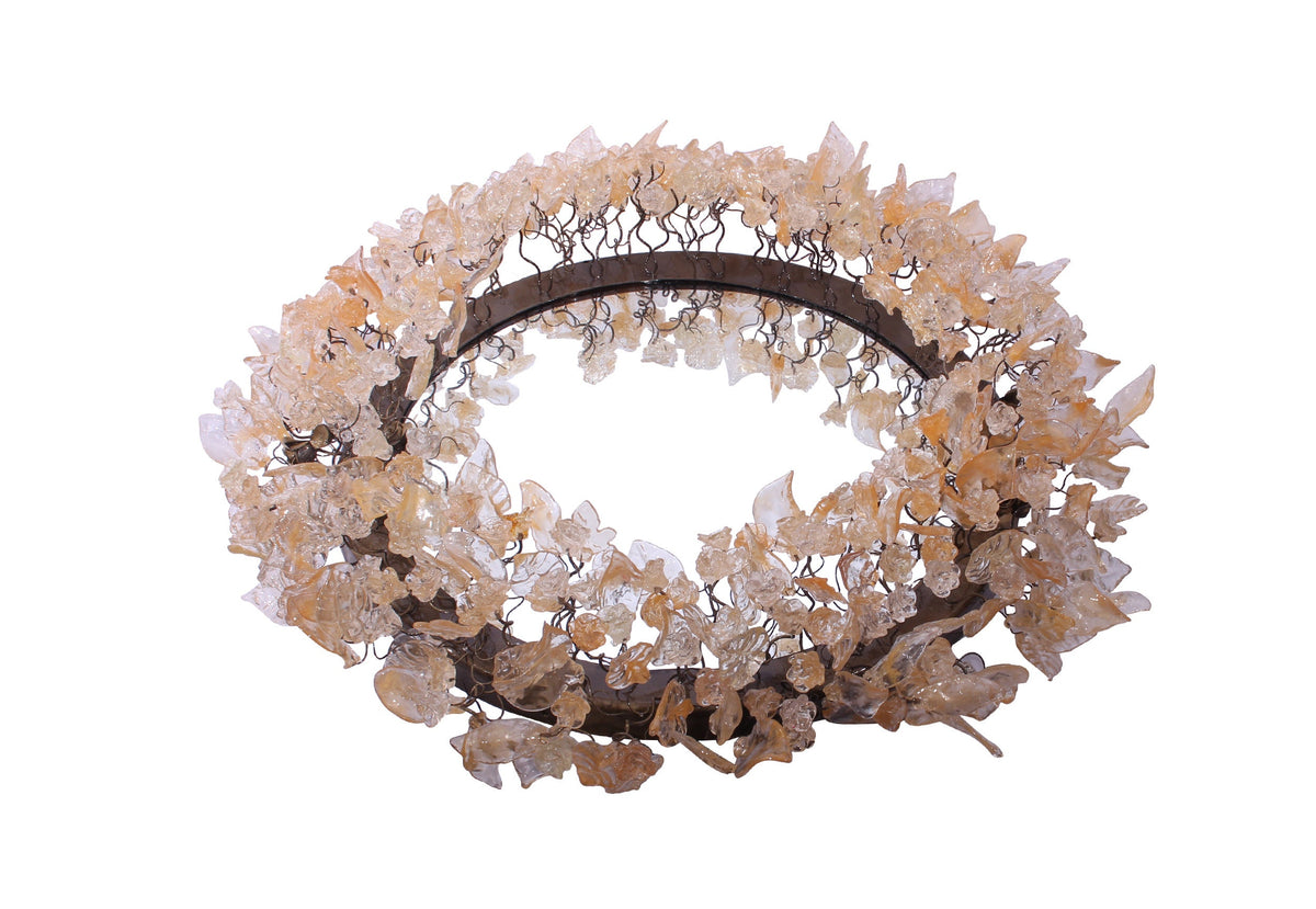 Round Wall Mirror: 24" Decorative Resin Flowers and Leaves Clear Gold Accent