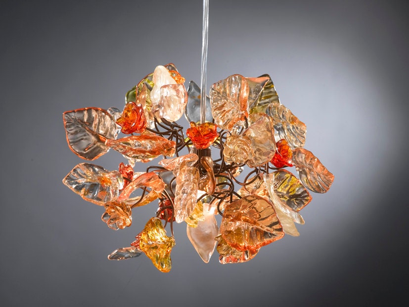 pendant light with shades of Orange color flowers and leaves for hall, bathroom or children room a unique hand made light.